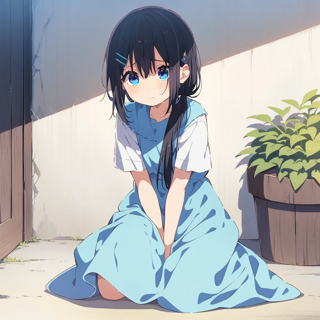 Masterpiece, Best quality, solo female, young girl, sister-like, blue eyes color, long ponytail hair, black color hair, teary eyes, sparkless eyes, depression eyes, hopeless expression, anxiety, white and blue dress, hairpin, anime, full body illustration