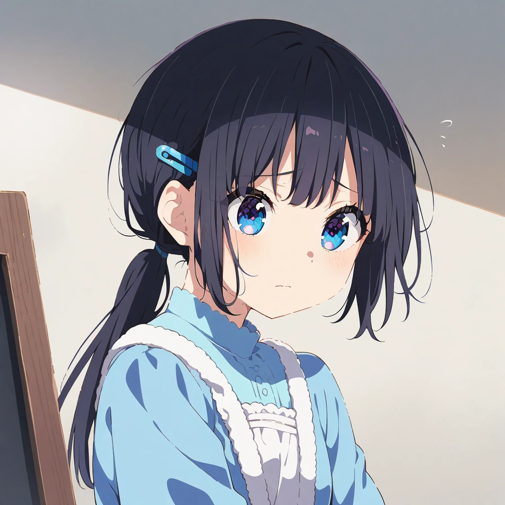 Masterpiece, Best quality, solo female, young girl, sister-like, blue eyes color, long ponytail hair, black color hair, teary eyes, sparkless eyes, depression eyes, hopeless expression, anxiety, white and blue dress, hairpin, anime, full body illustration