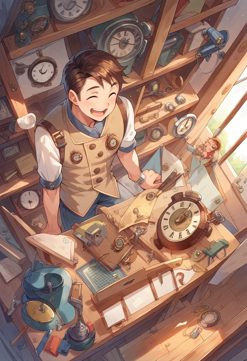 detailed illustration, dynamic angle, ultra-detailed, illustration, 1man, brown hair, wooden workshop, smile, laughing, clocks, clockwork tools, tinker tools, carpentry tools, springs, steampunk,