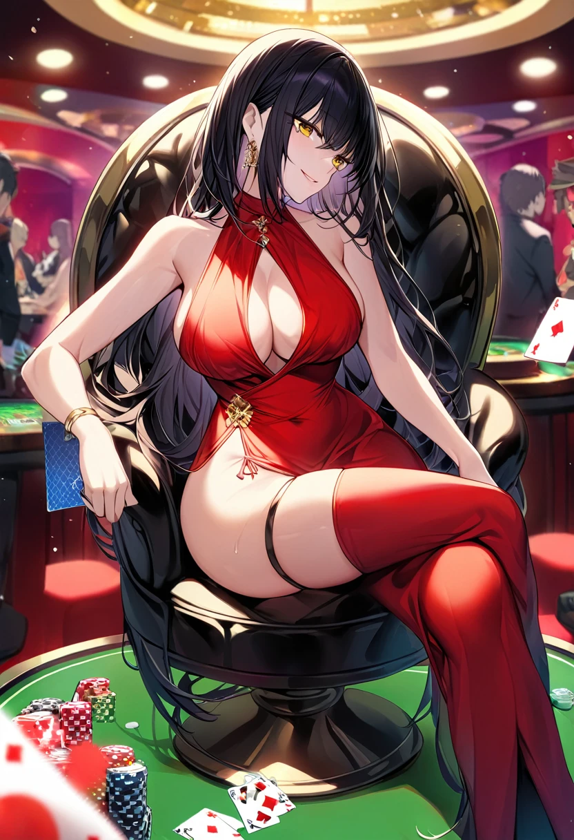 Adult female, busty, hourglass figure, sexy red dress, messy and long black hair, golden yellow irises, defined black pupils, passionate, seductive, sultry smile, casino, poker table, holding cards, sitting in a chair beside a poker table, well defined, perfect definition, high quality, perfect eyes, perfect hands, crowded casino, not looking, looking at another person, looking away