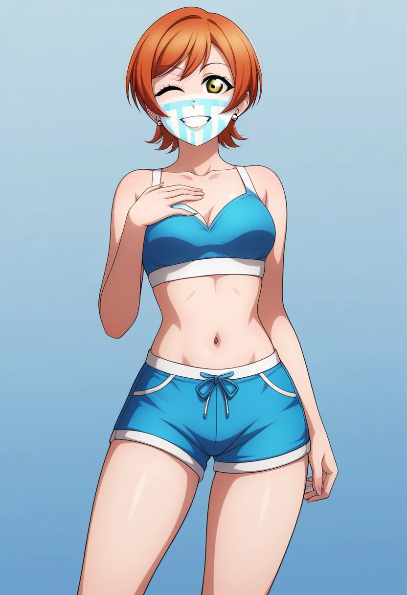 Masterpiece, sksrin, beautiful , facial details, 8k wallpaper, Rin Hoshizora Love Live, short hair, white gym bra, micro shorts , wrestling outfit,(lipstick:0.8), (face paint),Fascinated by her beauty ,wink, moist skin,thin waist ,short girl