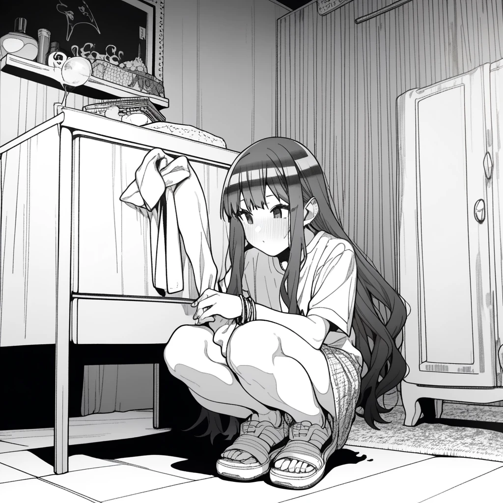 1girl, rei \(rei's room\), moketa, erere, idolmaster, gakuen idolmaster, shinosawa hiro, aged down, bracelet, hand on another's leg, jewelry, long hair, sandals, shoes, sneakers, squatting, very long hair, absurdres, greyscale, hatching \(texture\), depth of field, ((very aesthetic, best quality, ultra detailed)), manga-style
