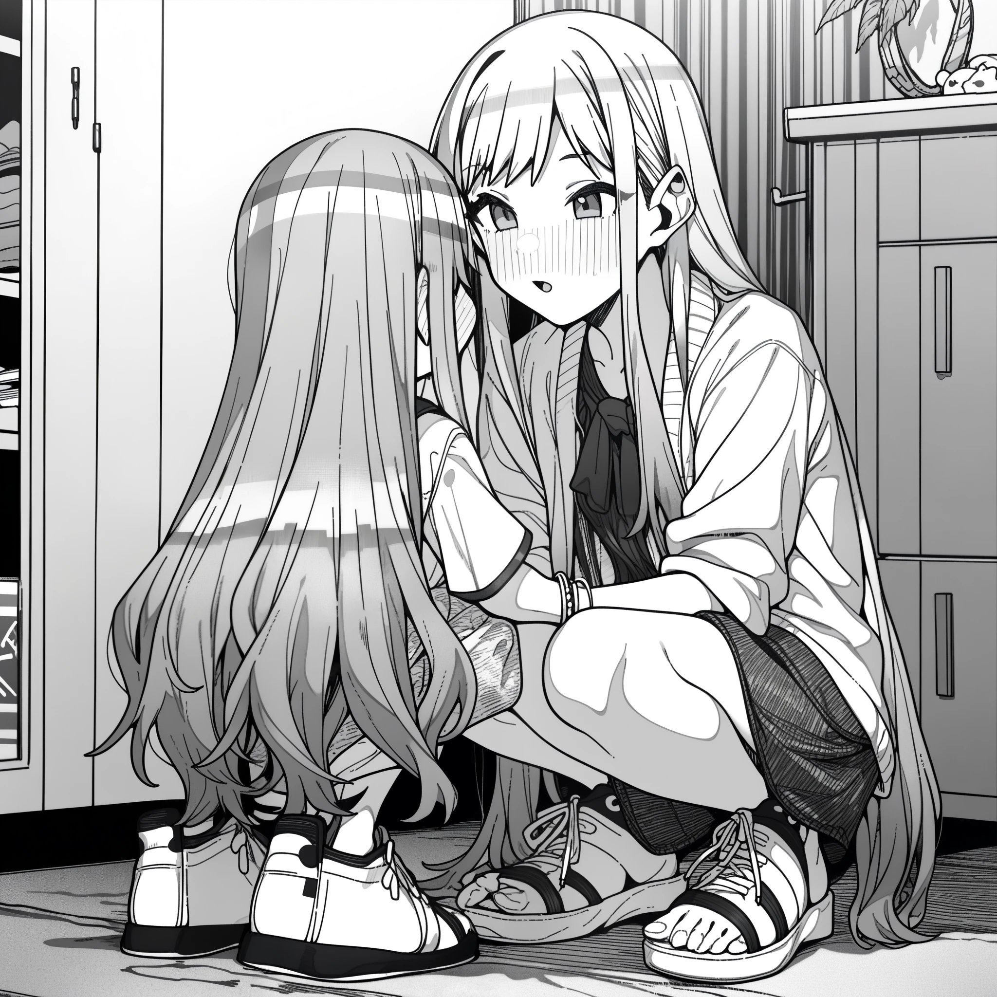 1girl, rei \(rei's room\), moketa, erere, idolmaster, gakuen idolmaster, shinosawa hiro, aged down, bracelet, hand on another's leg, jewelry, long hair, sandals, shoes, sneakers, squatting, very long hair, absurdres, greyscale, hatching \(texture\), depth of field, ((very aesthetic, best quality, ultra detailed)), manga-style

