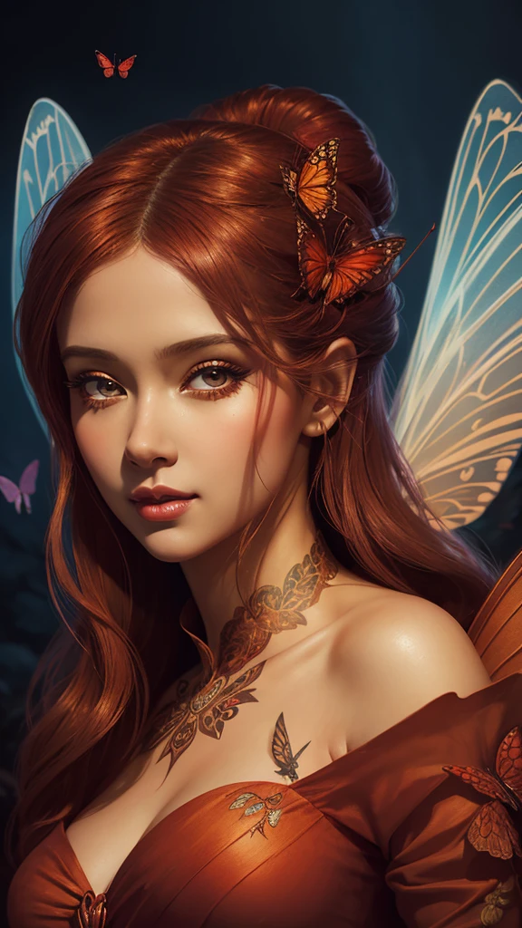 a closeup of a woman in a red dress with a butterfly on her shoulder, an airbrush painting by Nene Thomas, Trends in CG society, fantasy art, beautiful fairy, portrait of a fairy, beautiful fantasy art, fairy portrait, fantasy art behance, beautiful fairy, fantasy art style, digital fantasy art ), beautiful fairy adulta, beautiful fantasy art portrait