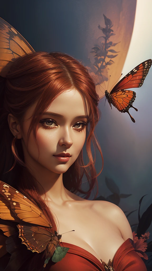 a closeup of a woman in a red dress with a butterfly on her shoulder, an airbrush painting by Nene Thomas, Trends in CG society, fantasy art, beautiful fairy, portrait of a fairy, beautiful fantasy art, fairy portrait, fantasy art behance, beautiful fairy, fantasy art style, digital fantasy art ), beautiful fairy adulta, beautiful fantasy art portrait
