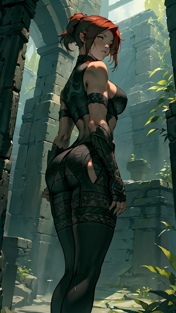 (((​masterpiece))), ((high resolution)), detail, red-haired girl, hypdertailed, greeneyes, breasts big, (((thick-thighs))), choker,  skyrim-dx-celes-nightingale-outfit, night club, (((standing up showing her ass))),  Looking back, bottom to top