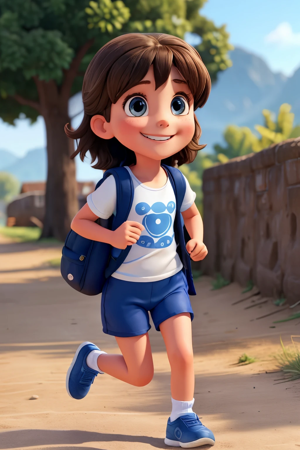 FOUR-YEAR-OLD BRUNETTE WOMAN running FAST, smiling in blue shorts , white  shirt, BLACK OM BACKPACK TÊNES
