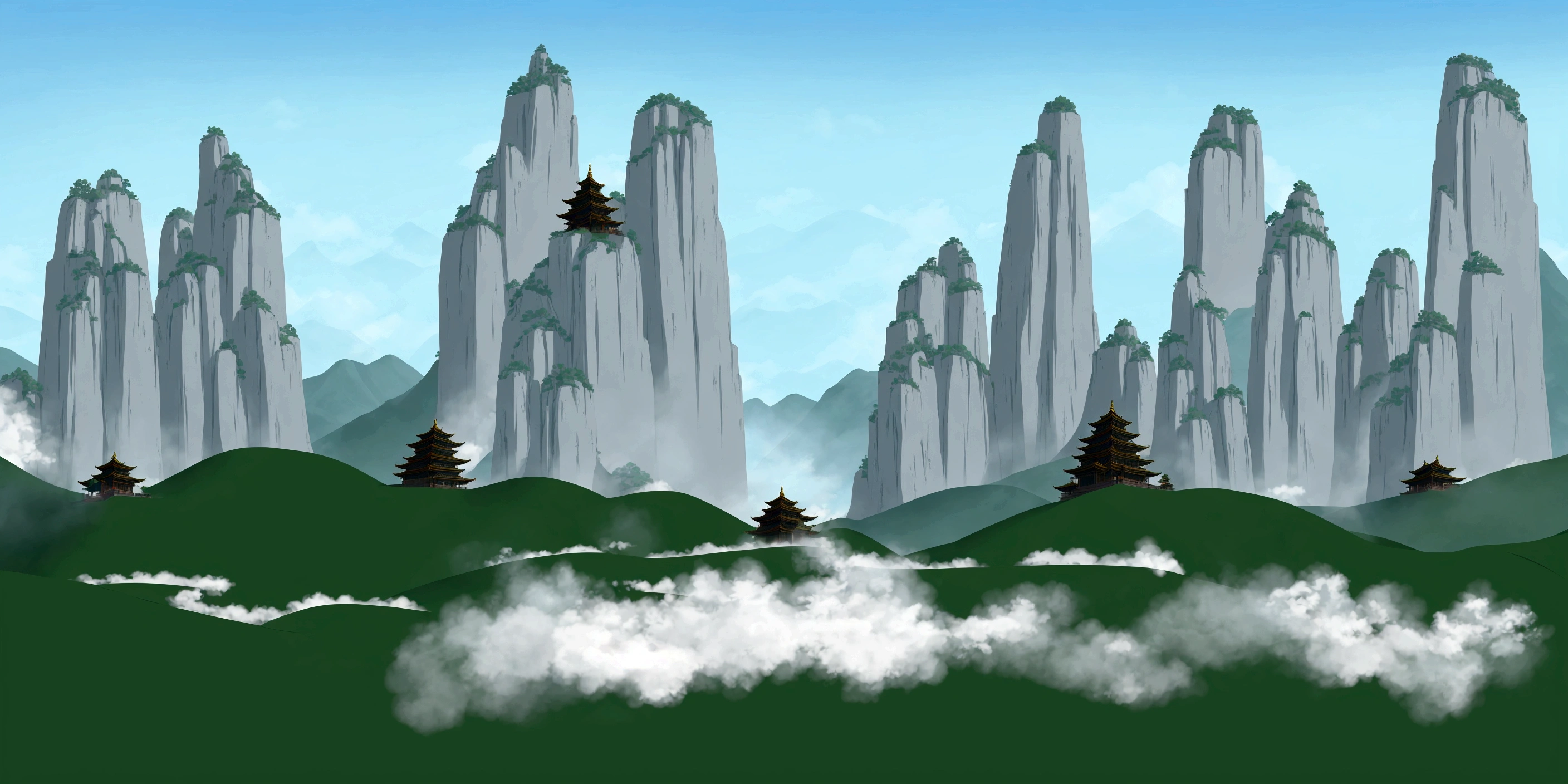 there are many trees growing on the mountain tops, temple background, pagodas on hills, zen temple background, background depicting a temple, dojo on a mountain, detailed scenery —width 672, mountainous background, ancient city landscape, background fortress, mobile game background, anime landscape, 2 d game art background, chinese landscape, digital painting of a pagoda