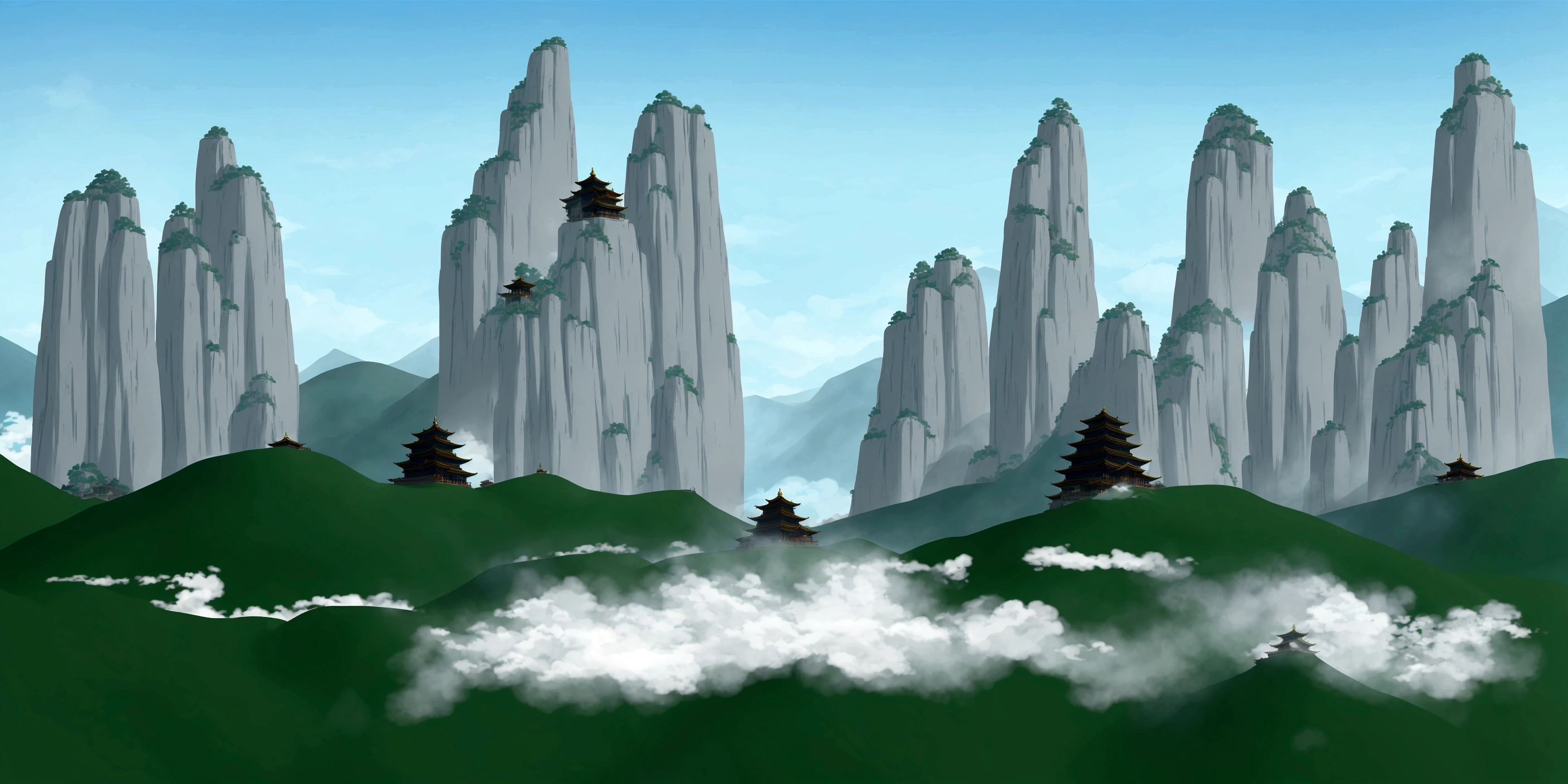 there are many trees growing on the mountain tops, temple background, pagodas on hills, zen temple background, background depicting a temple, dojo on a mountain, detailed scenery —width 672, mountainous background, ancient city landscape, background fortress, mobile game background, anime landscape, 2 d game art background, chinese landscape, digital painting of a pagoda