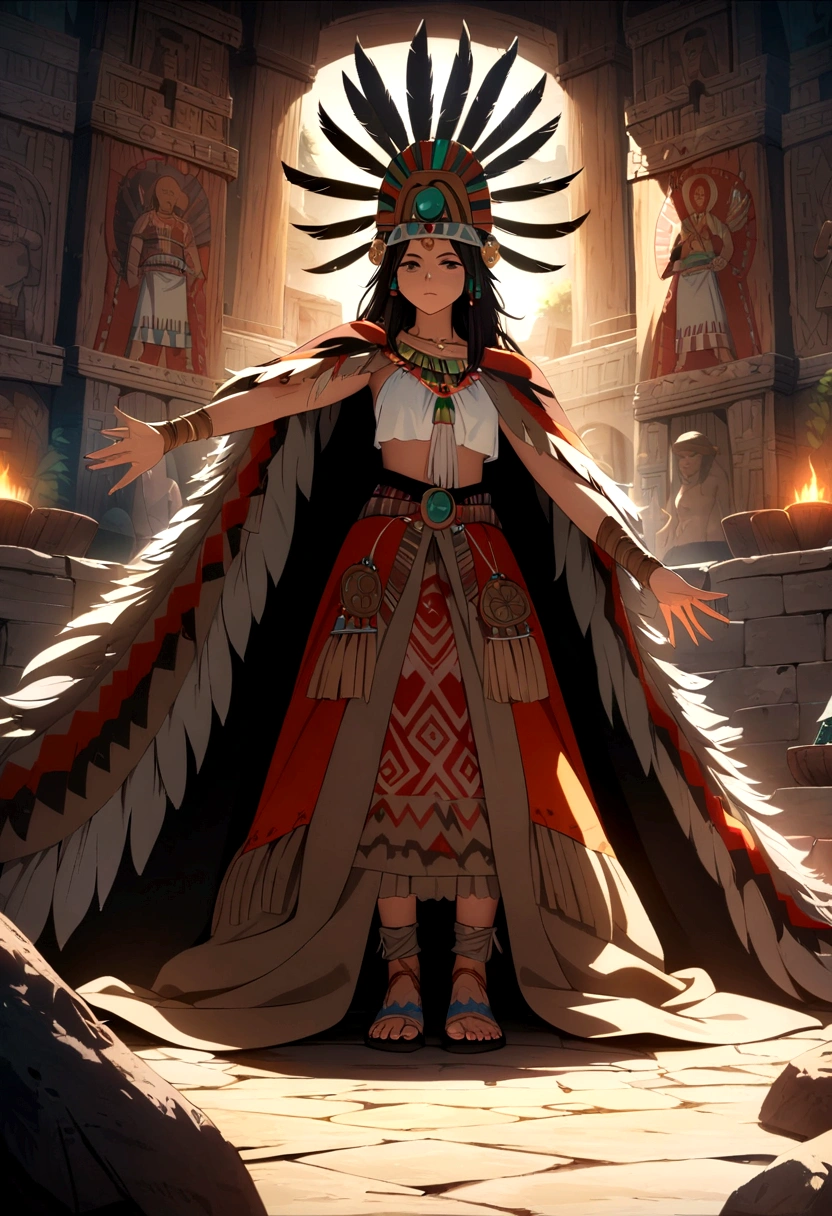 best quality, ultra-high resolution, 4K detailed CG, masterpiece,aztec mage, Mexico, aesthetics, ((Feather shield)), beautiful image, centered on the screen man evil