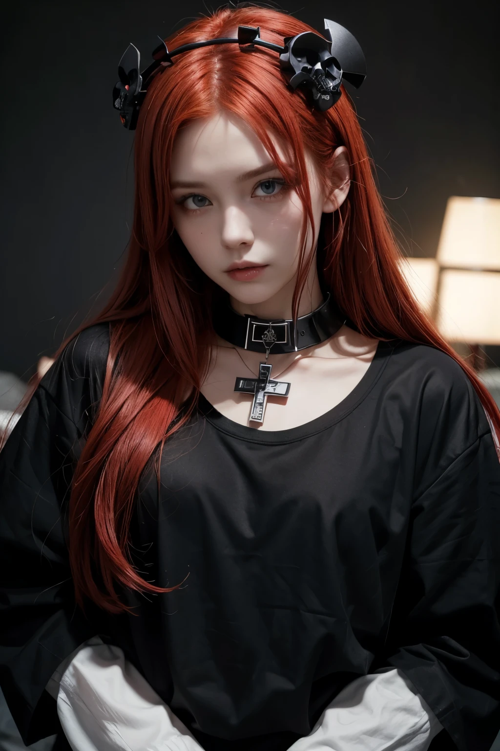 Red hair with light locks, White flower crown, All-black T-shirt with small neckline and long sleeves, black pants with skulls and crosses, black cross collar