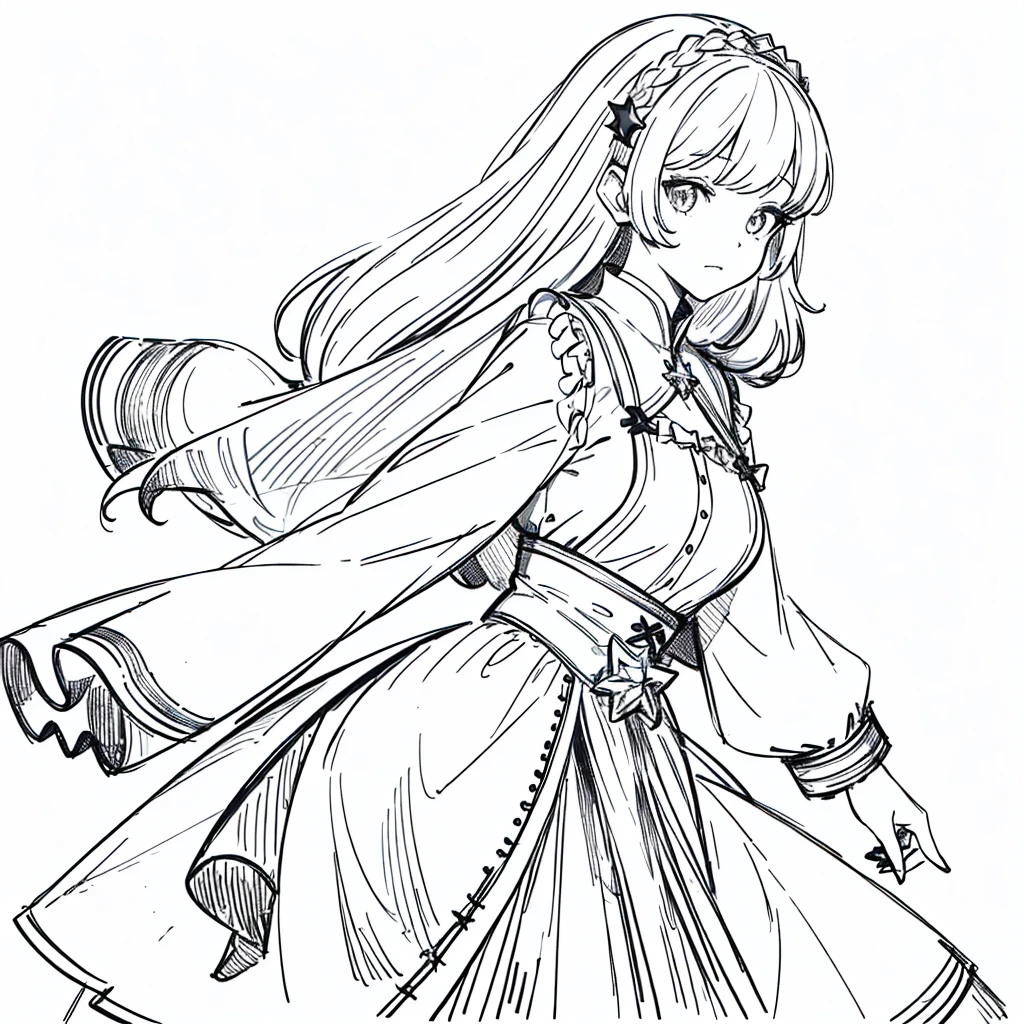 ((masterpiece)),(((best quality))),((((sketch)))),((monochrome)),(character design sheet), same character, front, side, back), illustration, 1 girl, hair color, bangs, hairstyle fax, eyes, environment change scene, Hairstyle Fax, Pose Zitai, Female, Shirt Shangyi, Star, Charturnbetalora, (simple background, white background: 1.3), --6 ,princess diverse
