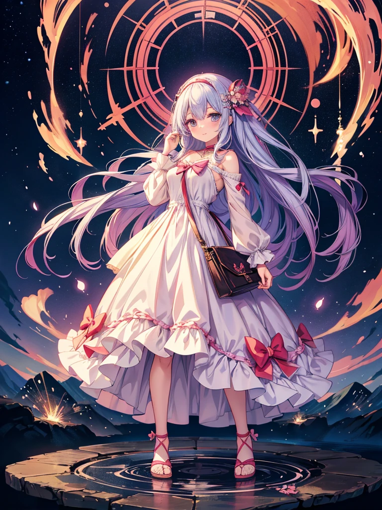 anime girl in a long dress holding a purse and a purse, an anime drawing by Jin Homura, pixiv, fantasy art, anime goddess, style anime, cute anime waifu in a nice dress, pixiv style, anime woman fullbody art, beautiful alluring anime woman, beautiful anime style, anime style, anime character, beautiful anime woman, beautiful avatar pictures