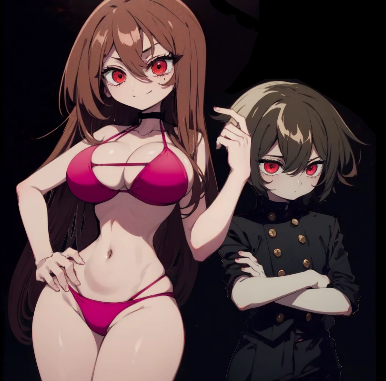 masterpiece, 4k, details, extreme details, high resolution, 1 woman, DJ , long brown hair, red eyes, mischievous face, smile, pink bikini, belly, large breasts , standing on your hips // masterpiece, 4k, details, extreme details, high resolution, 1 boy , messy brown hair, red eyes, shy face, gakuran shirt , black dress , black pants , cross your arms , black background