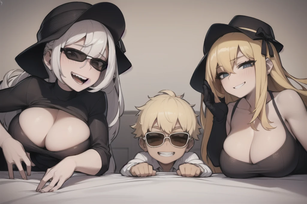 two sexy women in bed looking down at boy with blonde hair, women have flirtatious smiles, boy have sunglasses, women have various hair colors