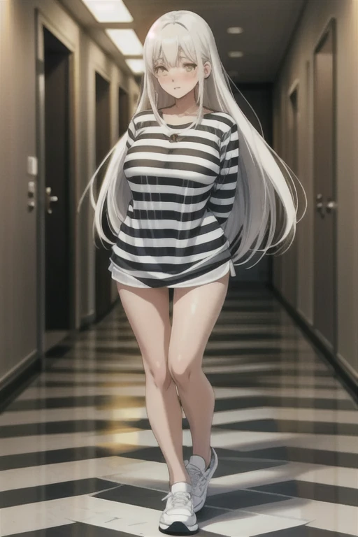 an anime girl with her arms behind her back, dressed as a prisoner, in a hallway, 1 girl, full body, alone, long hair, looking at viewer, shirt, yellow eyes, white hair, loose hair, blush, walking in the hallway, dressed in a striped t-shirt, with horizontal stripes, black and white striped shirt, big breasts, long sleeves, with (arms behind the back), no pants, bare legs, white sneakers, no socks, mature.