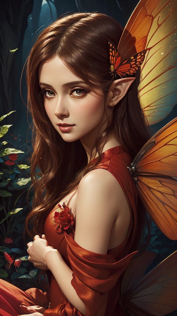 a closeup of a woman in a red dress with a butterfly on her shoulder, beautiful fairy, portrait of a fairy, beautiful fantasy art, fairy portrait, fantasy art behavior, beautiful fairy, fantasy art style, beautiful fairy adulta, Digital fantasy art ), brunette elf with fairy wings, beautiful fantasy art portrait, fantasy style art., Hada morena