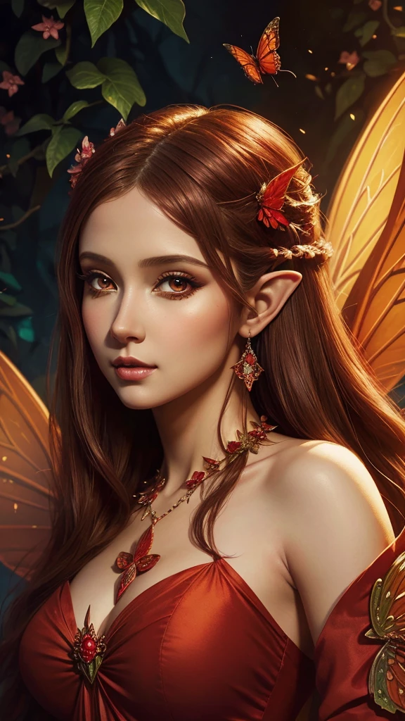 a closeup of a woman in a red dress with a butterfly on her shoulder, beautiful fairy, portrait of a fairy, beautiful fantasy art, fairy portrait, fantasy art behavior, beautiful fairy, fantasy art style, beautiful fairy adulta, Digital fantasy art ), brunette elf with fairy wings, beautiful fantasy art portrait, fantasy style art., Hada morena