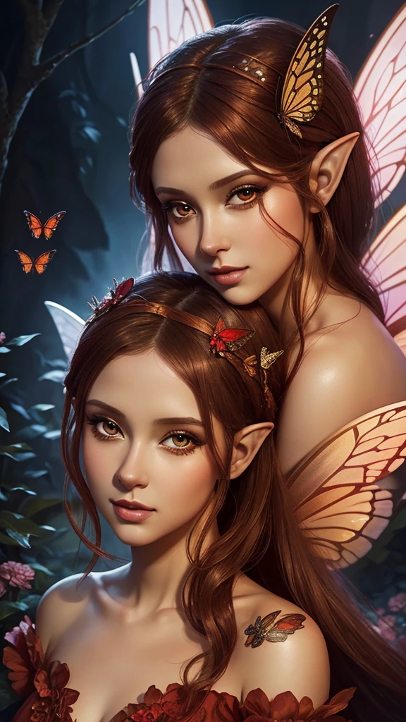 a closeup of a woman in a red dress with a butterfly on her shoulder, beautiful fairy, portrait of a fairy, beautiful fantasy art, fairy portrait, fantasy art behavior, beautiful fairy, fantasy art style, beautiful fairy adulta, Digital fantasy art ), brunette elf with fairy wings, beautiful fantasy art portrait, fantasy style art., Hada morena