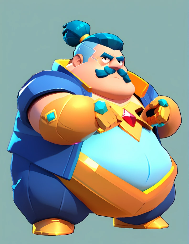 an obese businessman, in a blue suit, blue cyberpunk hairstyle and mustache, in gold armor encrusted with diamonds