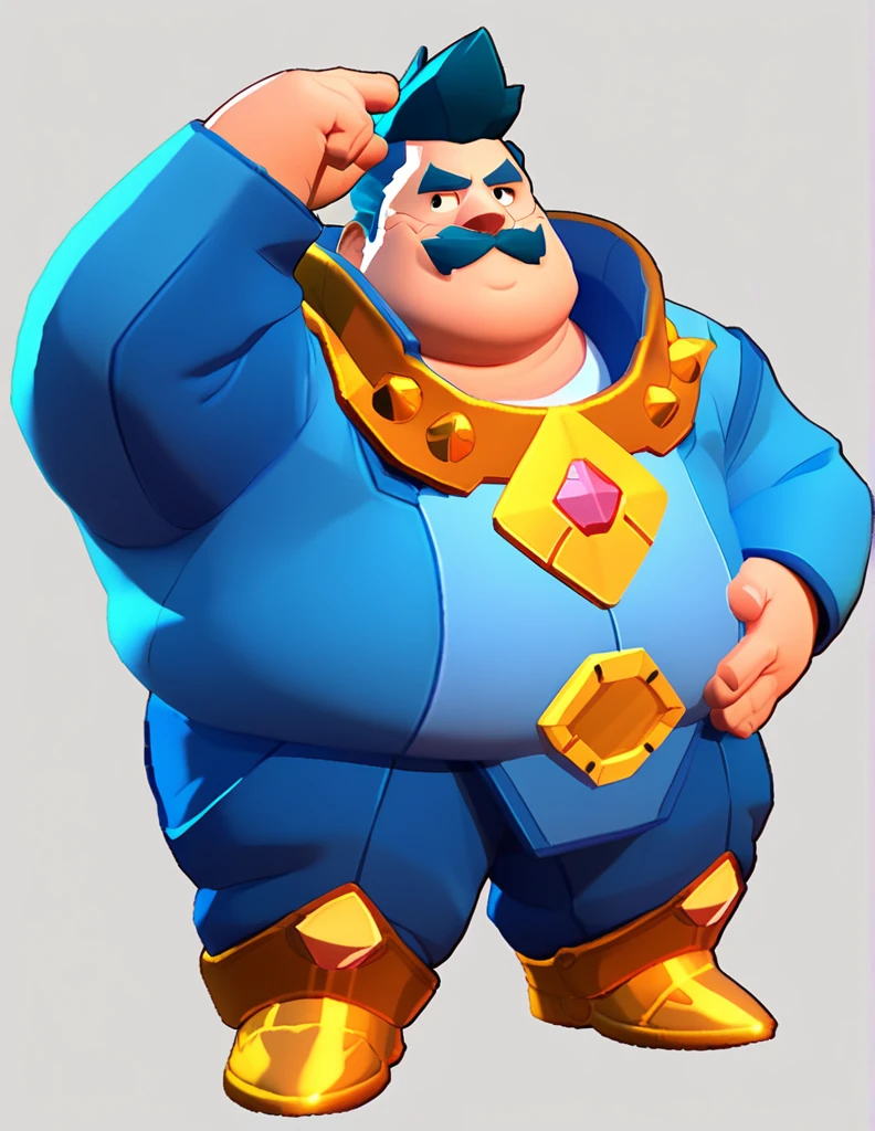 an obese businessman, in a blue suit, blue cyberpunk hairstyle and mustache, in gold armor encrusted with diamonds