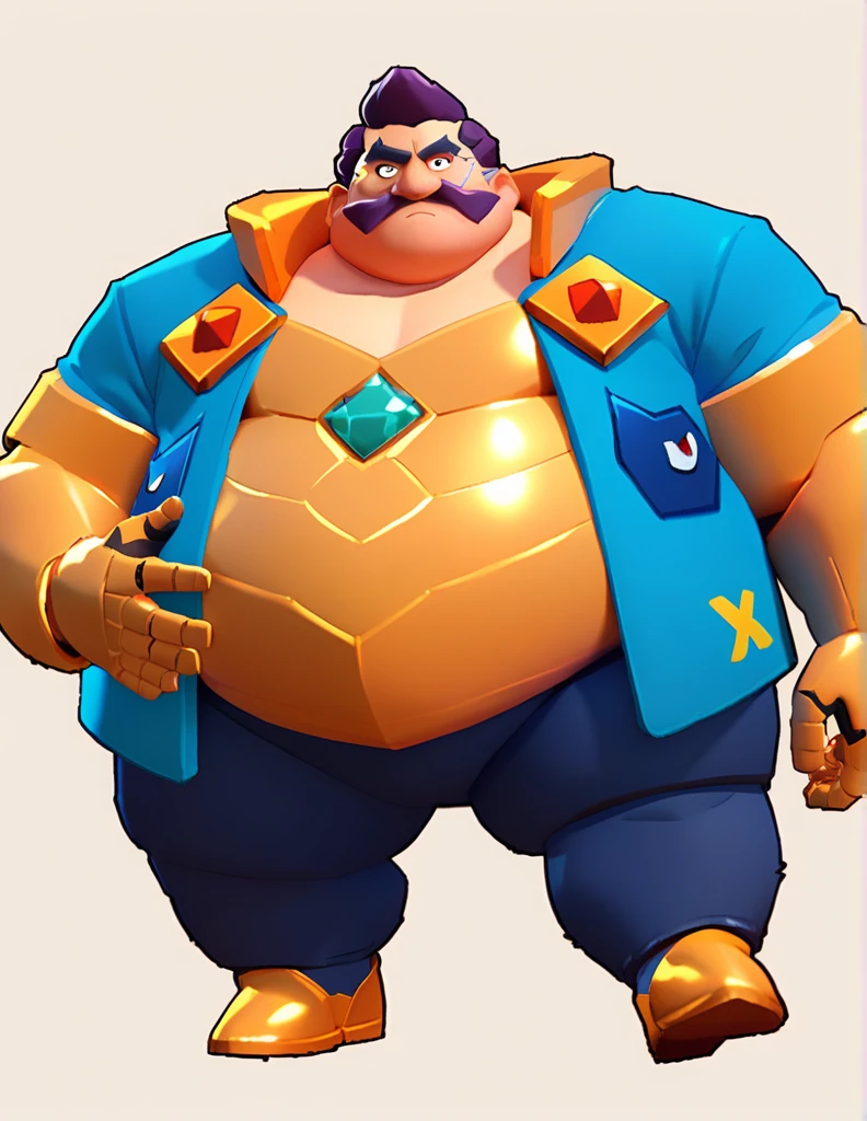 an obese businessman, in a blue suit, blue cyberpunk hairstyle and mustache, in gold armor encrusted with diamonds