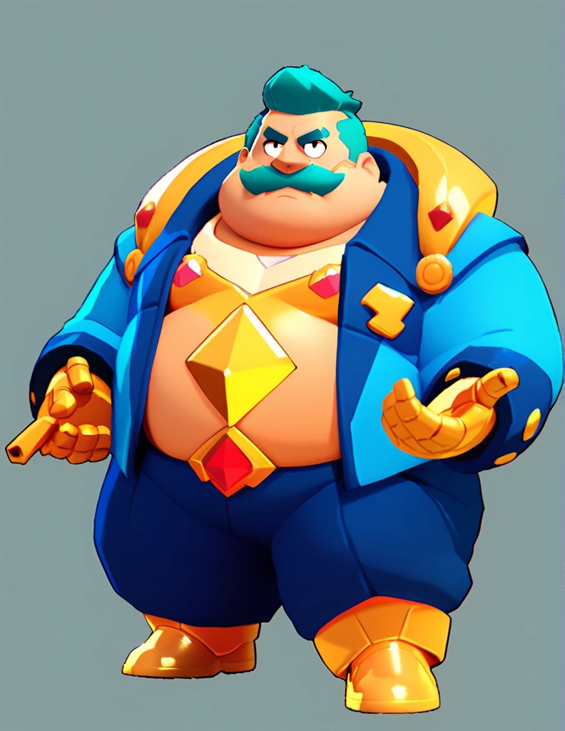 an obese businessman, in a blue suit, blue cyberpunk hairstyle and mustache, in gold armor encrusted with diamonds