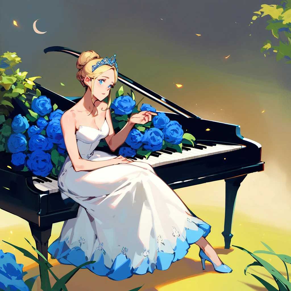 (score_9,score_8_up,score_7_up,) woman in fancy dress leaning over an upright grand piano at dusk with flowers around, 1girl, dress, solo, instrument, flower, high heels, sitting, tiara, white dress, blue eyes, blue flower, blonde hair, hair bun, Expressiveh, negative_hand, [[gwentstyle]], moon
