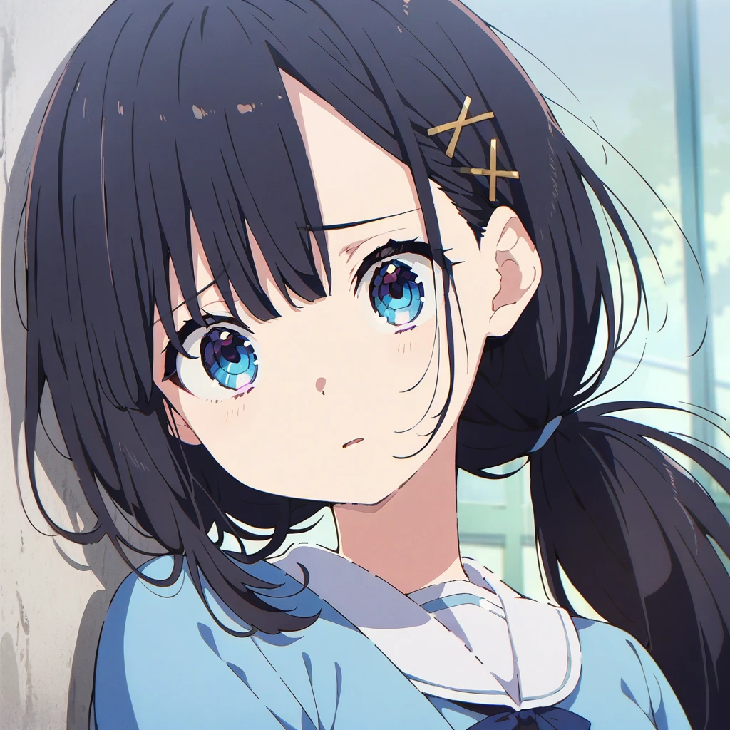 Masterpiece, Best quality, solo female, young girl, blue eyes color, long ponytail hair, black color hair, teary eyes, dead eyes, depression eyes, hopeless expression, anxiety, white and blue dress, hairpin, anime, full body illustration