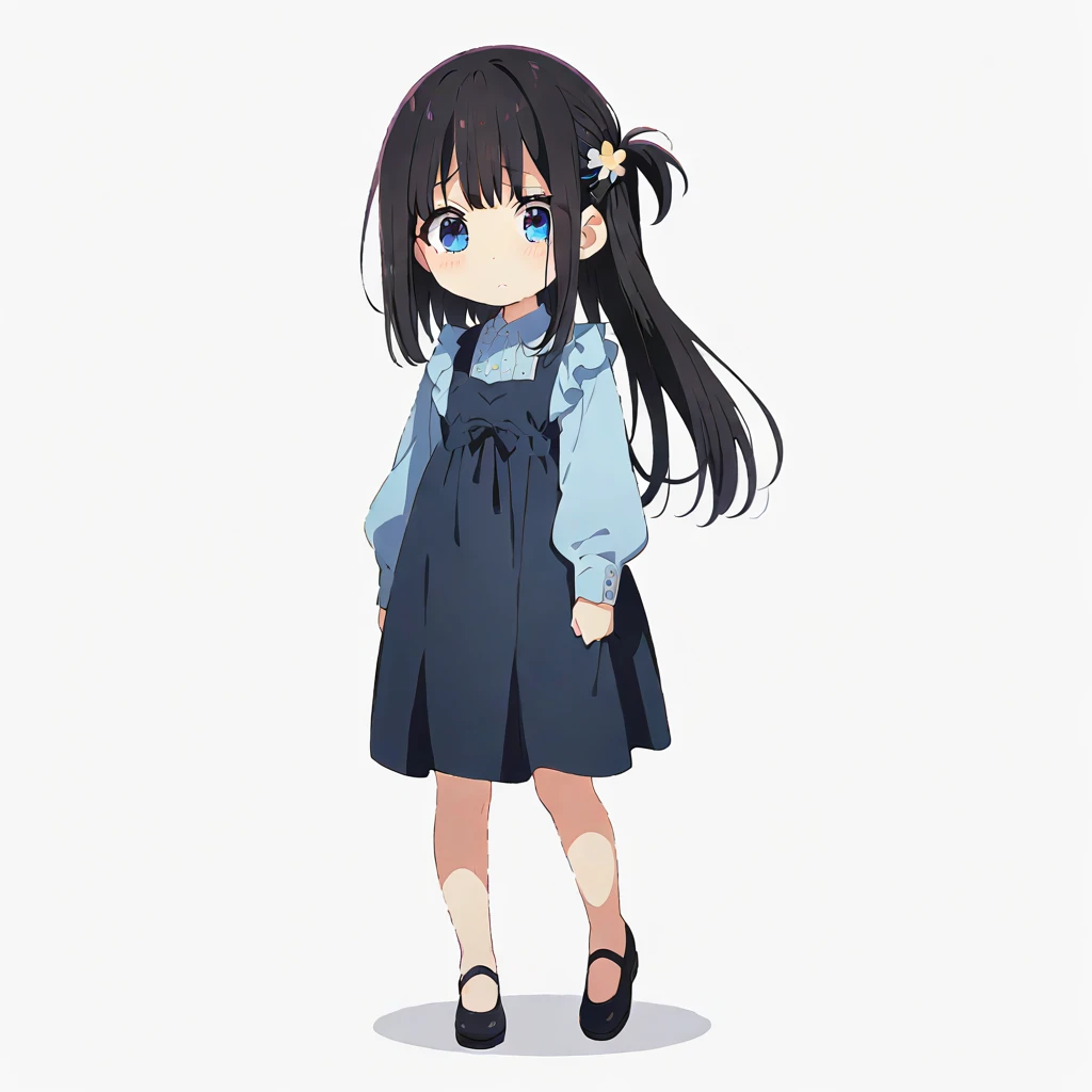 Masterpiece, Best quality, solo female, young girl, blue eyes color, long ponytail hair, black color hair, teary eyes, dead eyes, depression eyes, hopeless expression, anxiety, white and blue dress, hairpin, anime, full body illustration