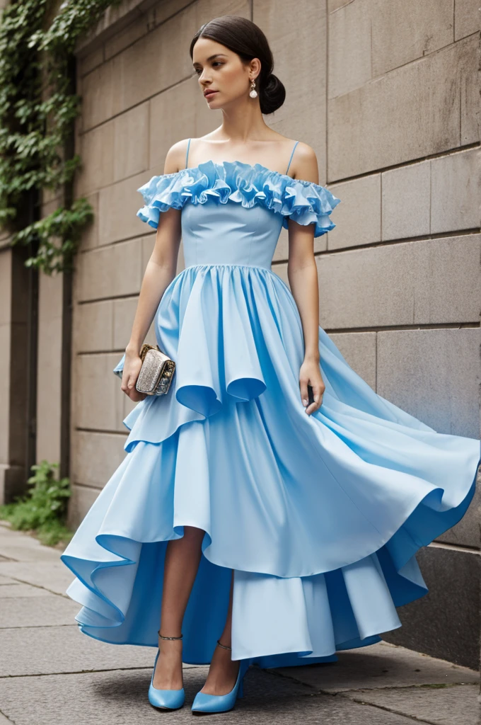 sky blue dress, High costum, flores ,Alexander McQueen