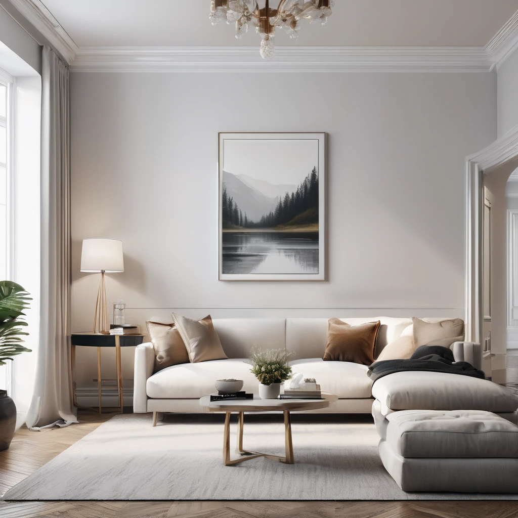 Generate a photorealistic AI-rendered image of a warm and inviting living room with a clean aesthetic. The scene should exude a cozy atmosphere, featuring well-lit spaces and a tasteful interior. Include realistic details such as furniture arrangements, subtle decor, and a blank wall suitable for a painting. This image will serve as a mock-up for a painting, capturing the essence of a welcoming and stylish living room with a focus on warmth and cleanliness. Leave the painting blank white. Closer view on the painting. full view of painting. No art work on the painting, leave it blank.\