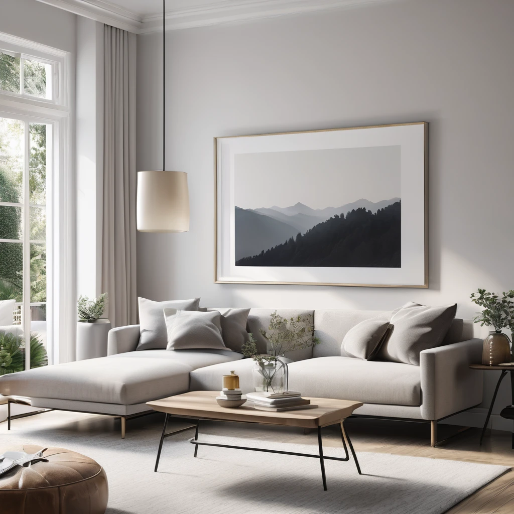 Generate a photorealistic AI-rendered image of a warm and inviting living room with a clean aesthetic. The scene should exude a cozy atmosphere, featuring well-lit spaces and a tasteful interior. Include realistic details such as furniture arrangements, subtle decor, and a blank wall suitable for a painting. This image will serve as a mock-up for a painting, capturing the essence of a welcoming and stylish living room with a focus on warmth and cleanliness. Leave the painting blank white. Closer view on the painting. full view of painting. No art work on the painting, leave it blank.\