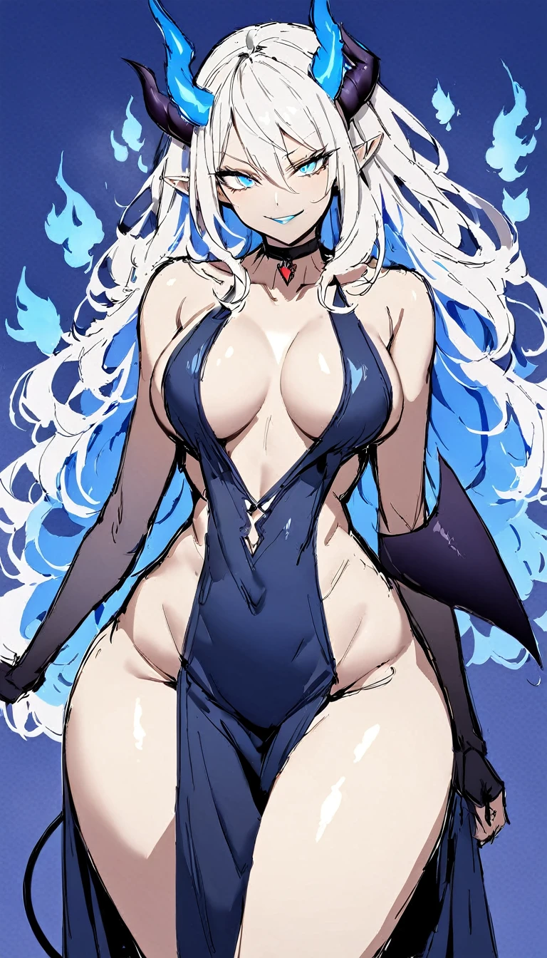 ((Sketch)), (Watercolor), 1girl, long white hair, messy hair, (four demon horns), demon tail, light blue eyes, beautiful eyes, pointy ears, detailed lips, smirk, choker, collarbone, bare shoulders, large breast, wide hips, (black revealing clothes with blue ornate), (long pelvic curtain), center opening, thigh gap, black fingerless gloves, (blue flames, blue fire background), hip dips, thick thighs, perky breasts