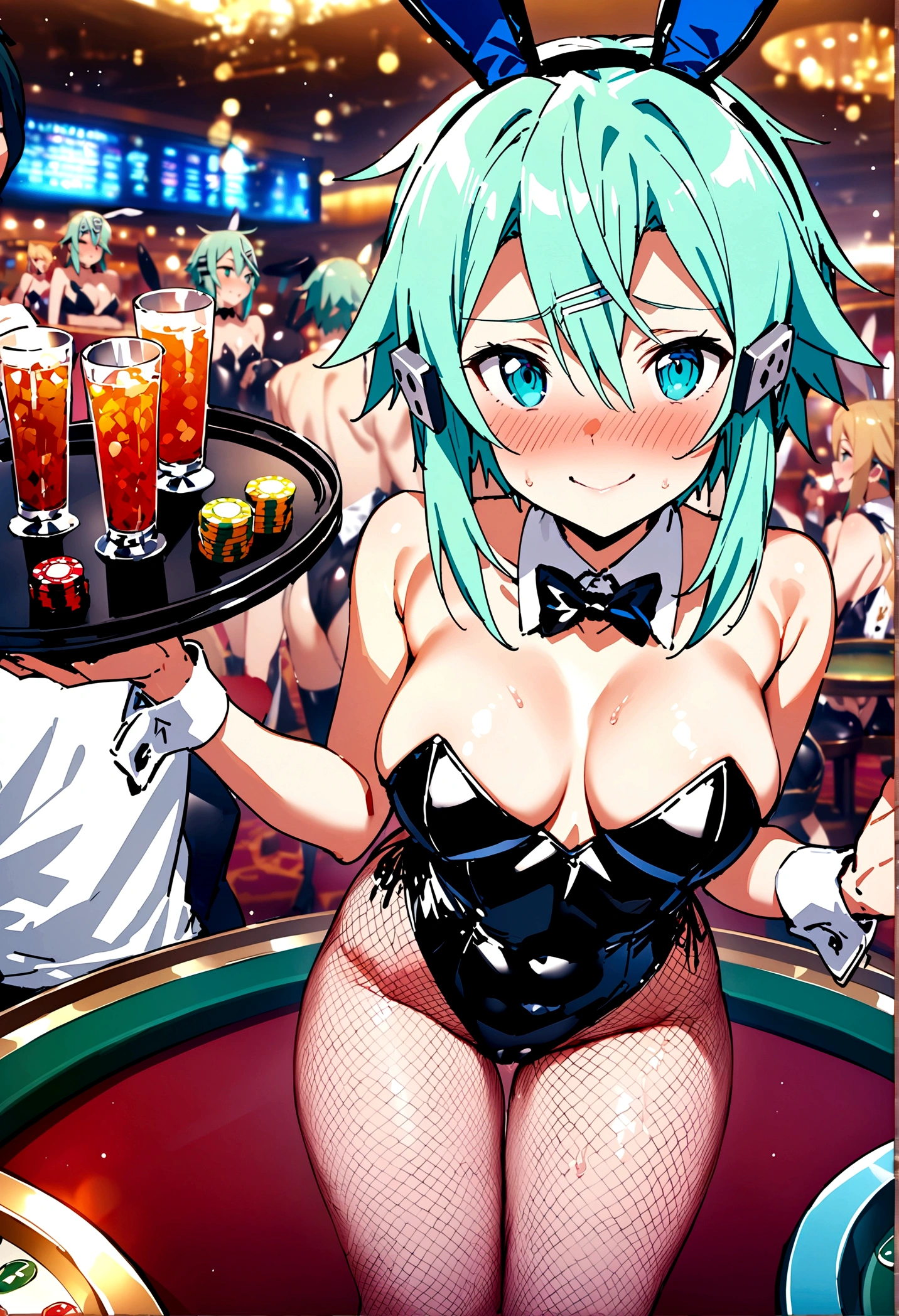 NSFW,masterpiece,Highest quality,High resolution,Super detailed,Sinon\(Sword Art Online\),Playboy Bunny,Streaks,Large fishnet stockings,Embarrassed,expectant face,Bad smile,blush,casino,tray