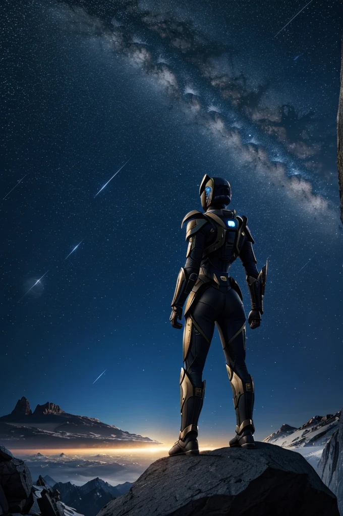 futuristic android female spartan worrier standing on top of a rocky mountain looking up at the night sky. lots of twinkling stars and a extra large glowing moon. with a little monkey in the foreground
