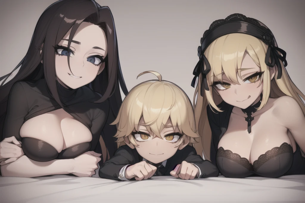 two sexy women in bed looking down at boy with blonde hair, women have flirtatious smiles, women have various hair colors
