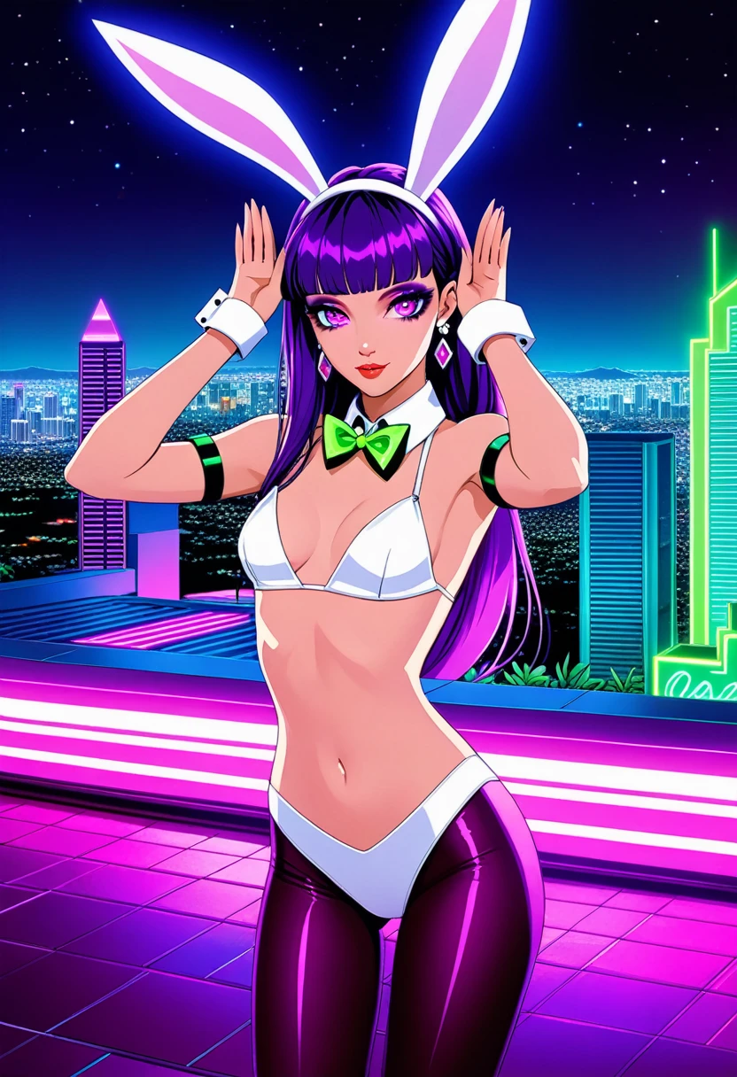 Art styles: very aesthetic, dramatic lighting, 3000K lighting, synthwave, anime, cyberpunk, natural skin tone; character: morrigan aensland; appearance: long purple hair, masterpiece purple eyes, detailed large eyes pupils, Slender hips, slim stomach, thin waist, medium teardrop-shaped breasts, slim body, soft gradient two-tone hair; BREAK clothing: white BUNNY SUIT, PANTYHOSE, FAKE BUNNY EARS, WRIST CUFFS, BOWTIE; pose: Bunny Ears Pose, rabbit pose, amrs up; Accessories: sparkly diamond small earrings, makeup; BREAK bg: large illuminated fountain, skyscraper roof, panoramic view, deep night city, hawaii, decorations neon lights, translucid lights, green ornamental plant, side lighting;