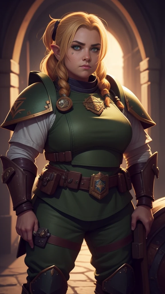 (high-angle shot), warhammer 40k imperial guardsman, ((female dwarf)). blonde hair, bare hand, hobbit, hafling, pants, (green bulletproof vest), ((large nose)), large expressive eyes, in a spaceship, chubby face, (eye black), black paint under eyes