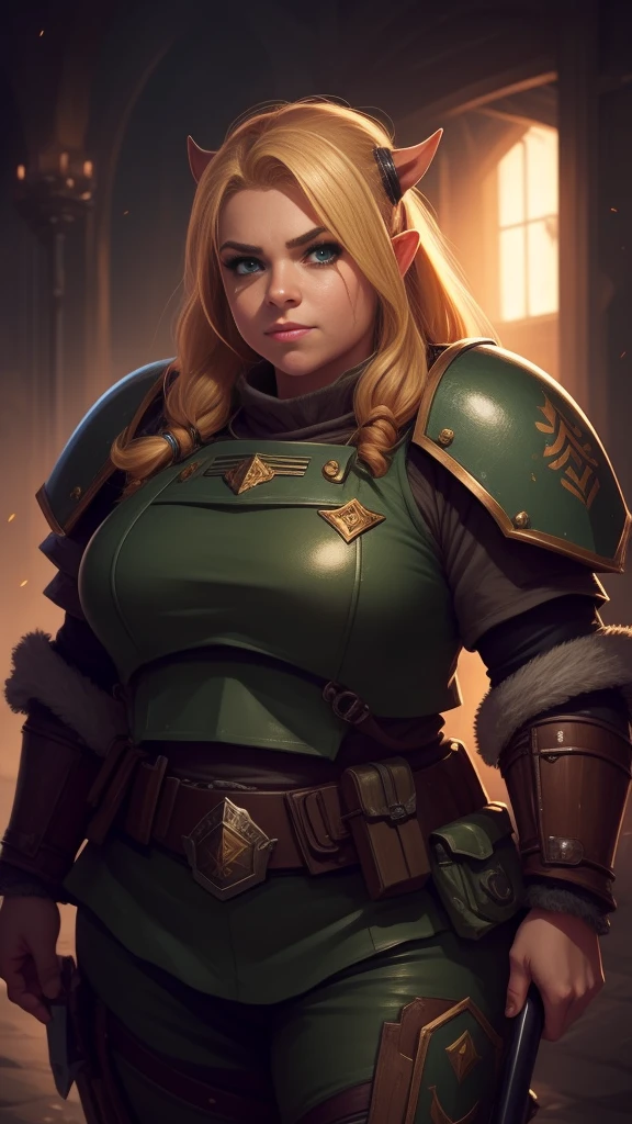 (high-angle shot), warhammer 40k imperial guardsman, ((female dwarf)). blonde hair, bare hand, hobbit, hafling, pants, (green bulletproof vest), ((large nose)), large expressive eyes, in a spaceship, chubby face, (eye black), black paint under eyes