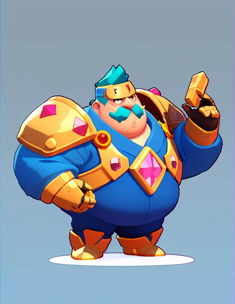 an obese businessman, in a blue suit, blue cyberpunk hairstyle and mustache, in gold armor encrusted with diamonds