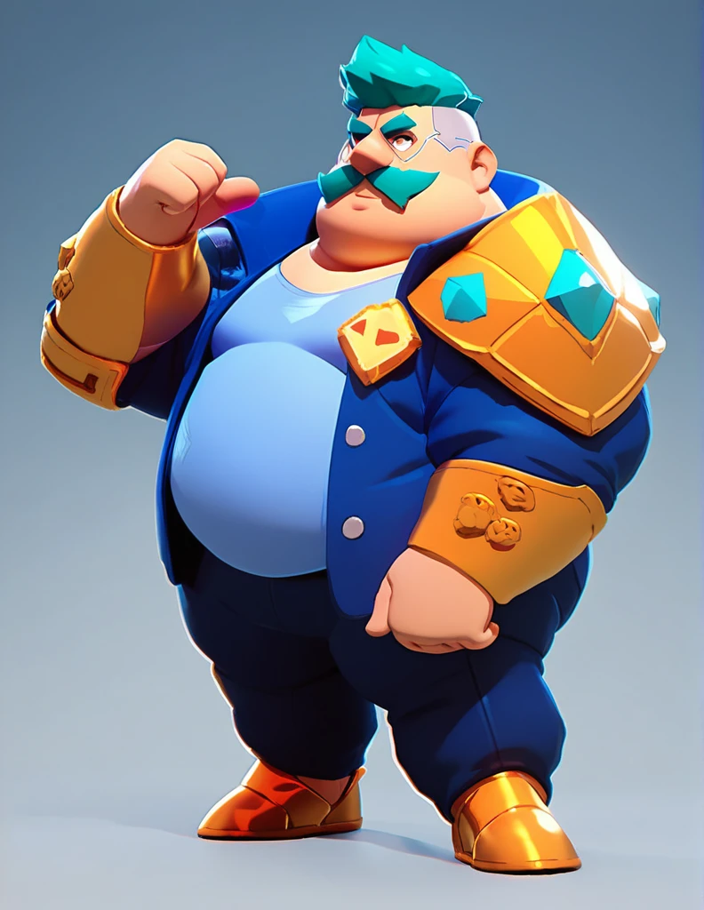 an obese businessman, in a blue suit, blue cyberpunk hairstyle and mustache, in gold armor encrusted with diamonds