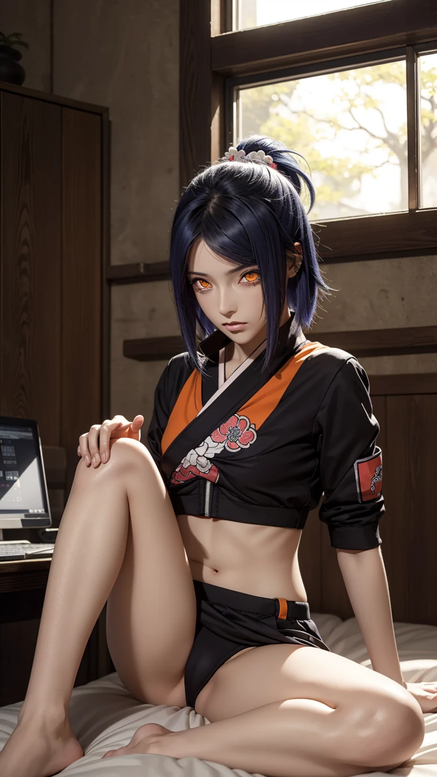 woman, woman, short hair, hair ornament, blue hair, legs , sitting on the bed , small, panties, bra, Sexual тело , underwear, Sexual , bra, panties, one flower, hair цветок, (orange eyes:1.2), (labret piercing:1.2), eyeshadow, (Akatsuki uniform:1.5), Akatsuki \(naruto\),BREAK (masterpiece:1.2), Best quality, A high resolution, unity 8k wallpaper, (illustration:0.8), (beautiful detailed eyes:1.6), very detailed face, perfect lighting, extremely detailed computer graphics, (perfect hands, Ideal Anatomy),