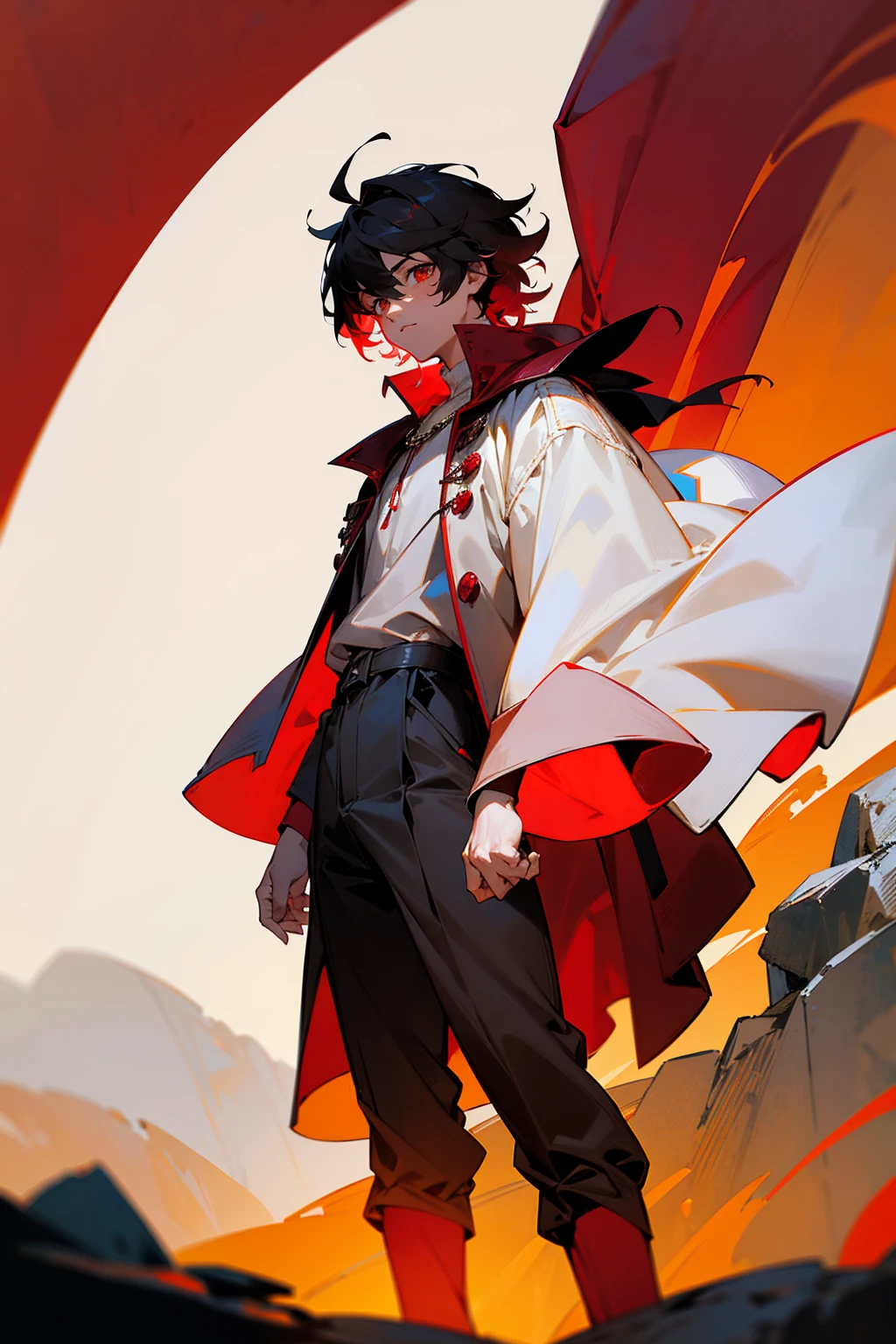 1male , Messy Hair , Low Cut , Black Hair , Sanguine Eyes , Adult Male , Fire Background , Fire Aura , Perfect Generation , Masterpiece Quality , White and Burgundy Baggy Varsity Jacket , White and Red Cap , White Cape Over Cloak , Cowl , Layered Clothing , Standing On a Mountain Top , Cave Background , Standing Infront Of Cave
