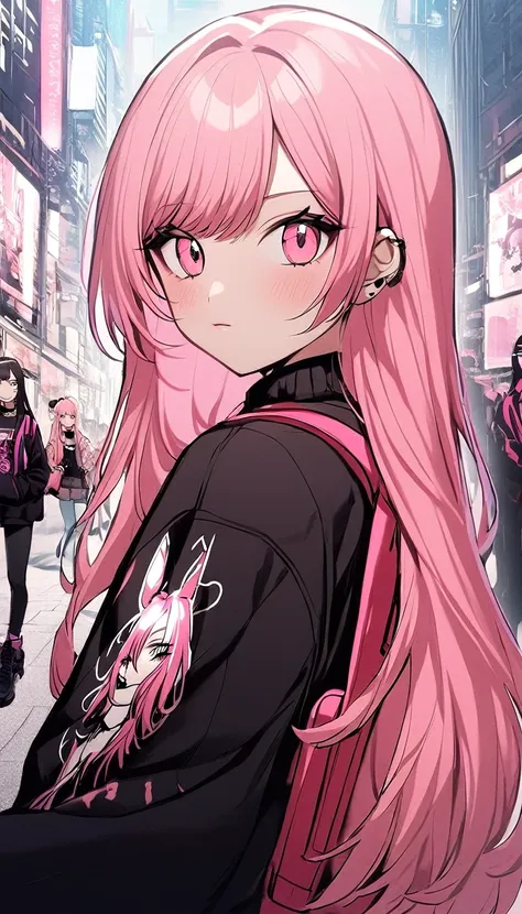 anime girl with pink hair with a backpack, she is wearing streetwear, with pink hair, portrait of jossi of blackpink, ulzzang, (...