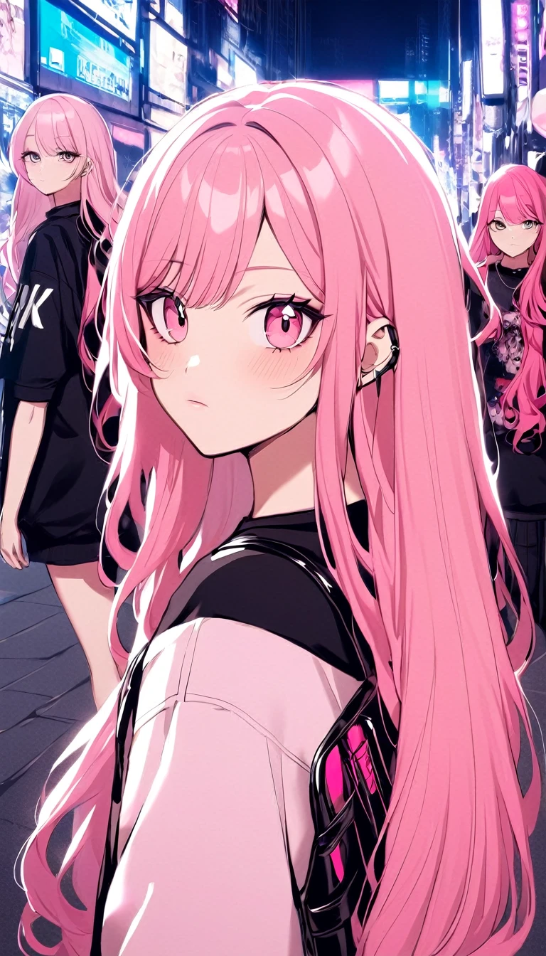 anime girl with pink hair with a backpack, she is wearing streetwear, with pink hair, portrait of jossi of blackpink, ulzzang, ((pink)), jossi of blackpink, lalisa manoban of blackpink, wearing cyberpunk streetwear, japanese streetwear, with long hair, anime girl in real life, casual pose, pink girl