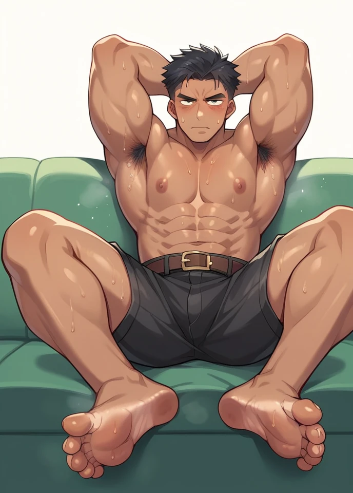 Man comes home from work tired and sweaty, He takes off his shirt and sits on the couch panting as he puts on his stinky, sweaty feet on the table without a belt, revealing hair sticking out of him while his hands are behind his head, exposing her sweaty and stinky armpits. hairy sweaty black hair robust muscular a little tanned black pants shirtless hair on his chest protruding from his member also long hair on his legs veins on his hands and feet hair in his armpits stinky and sweaty face of relaxation and excitement short black hair macho man alpha with black shorts and hair on his legs, armpits, member, chest and forearm