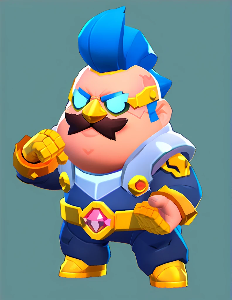 an obese businessman, in a blue suit, blue cyberpunk hairstyle and mustache, in gold armor encrusted with diamonds