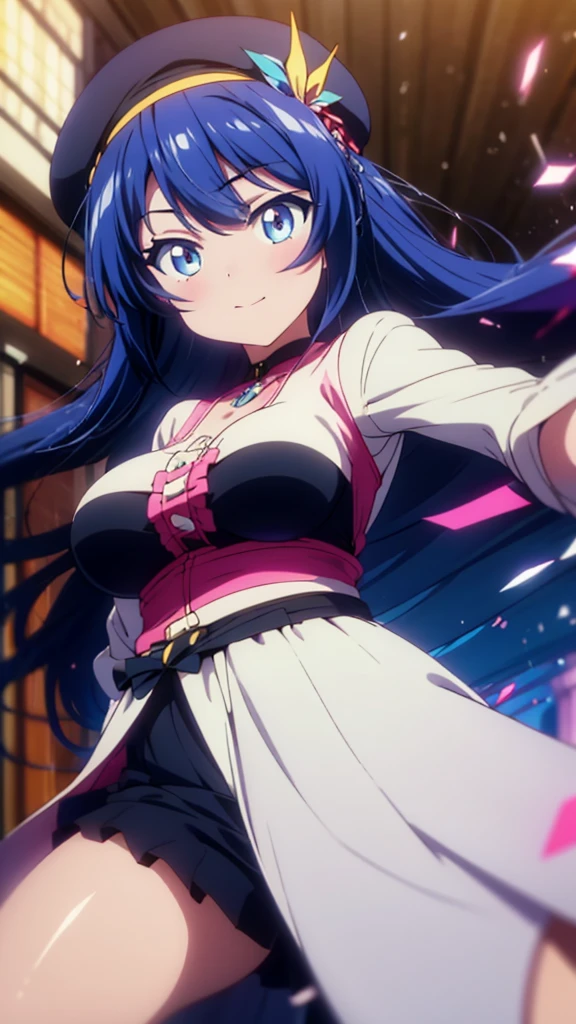 best quality,extremely detailed,anime style,1girl,Long hair down to the waist,straight hair,Dark black hair with bluish,Braid on top of the head,ponytail,beautiful detailed eyes,pinched eyes,dark blue eyes,huge breasts,smile,beret cap,garter belt,Fluttering and mysterious clothes,((hair ornament)),princess room,Sunlight