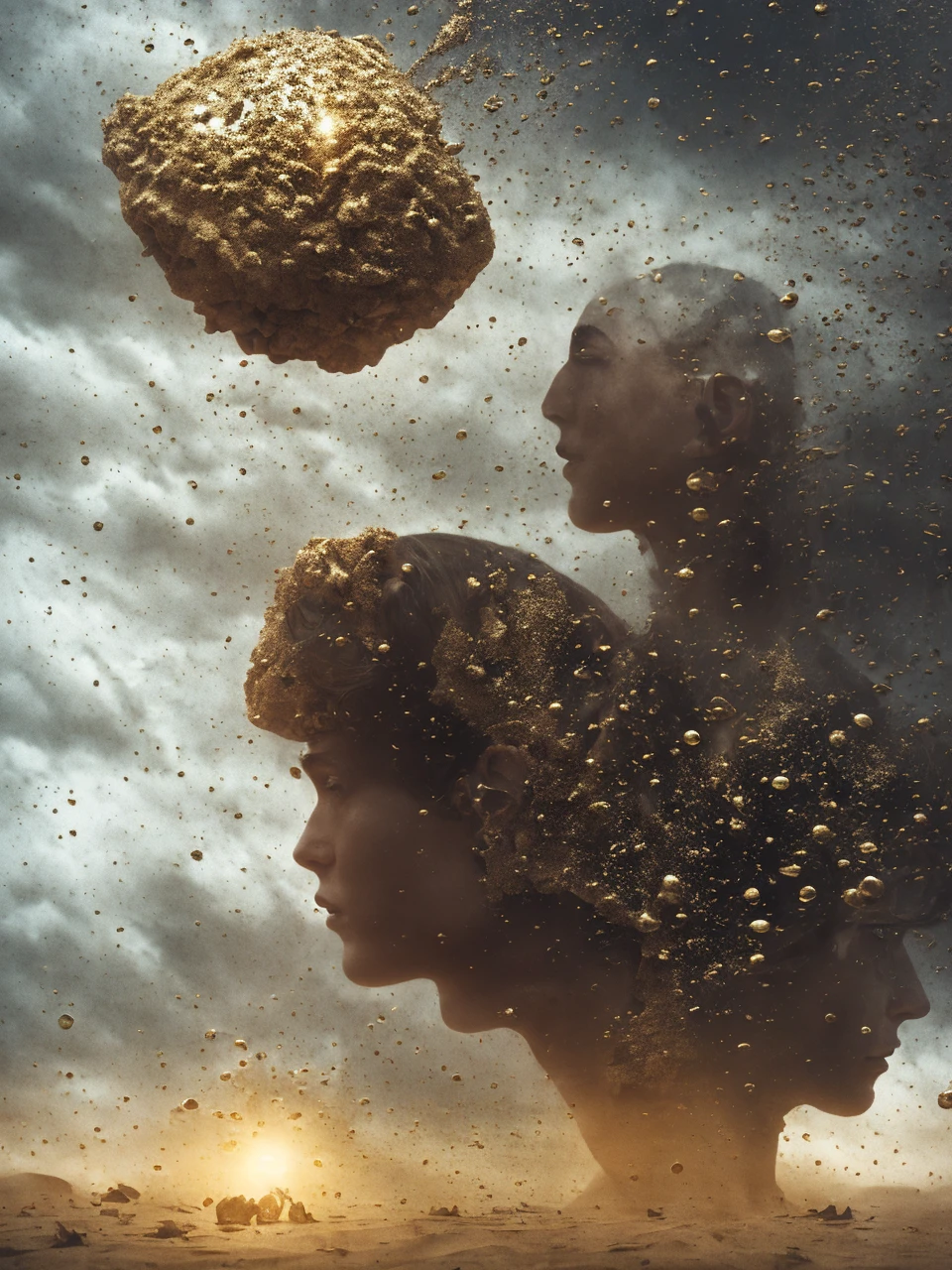 Sand sand in an hour glass film, noir, gold a psychiatrist doctor, silhouettes human brains and organic matter raining down from a cloudy sky, surreal cinematic scene, dramatic lighting, moody atmosphere, movie poster style, digital art, photorealistic, highly detailed, vibrant colors, dramatic shadows, chiaroscuro, intricate anatomy, complex composition, dystopian, conceptual